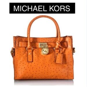 MICHAEL KORS Orange Hamilton Ostrich Embossed Leather Satchel Handbag, Rare. EUC